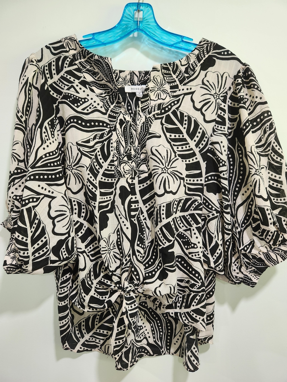 Rose & Olive Black and Cream Floral Tie-Front Blouse